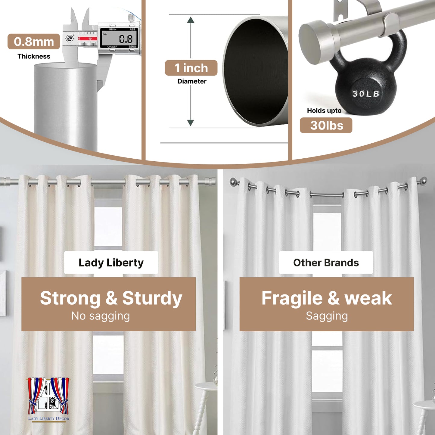 Lady Liberty Decor Adjustable Curtain Rod| Silver | Telescopic & Heavy-Duty|