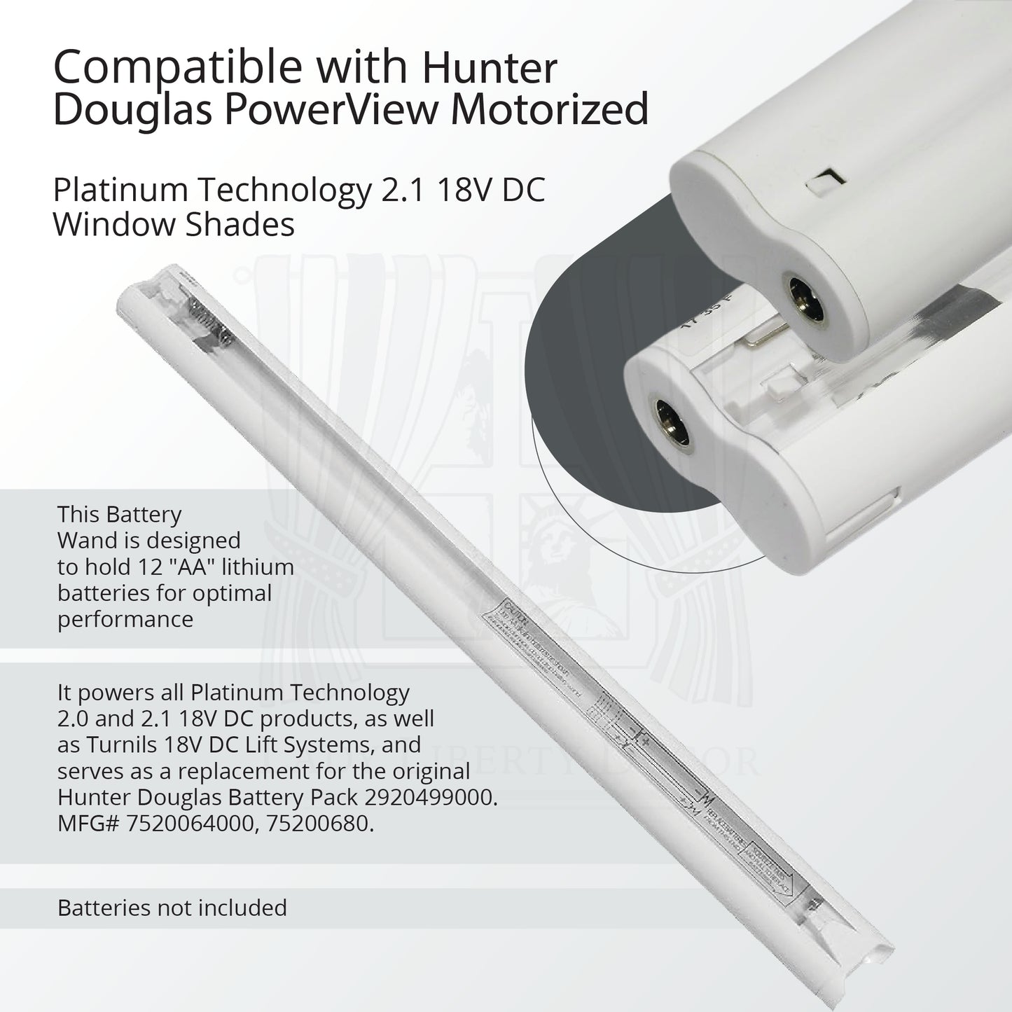 Lady Liberty Decor Battery Wand - Compatible with Hunter Douglas PowerView Motorized Platinum Technology 2.0 2.1 18V DC Window Shades
