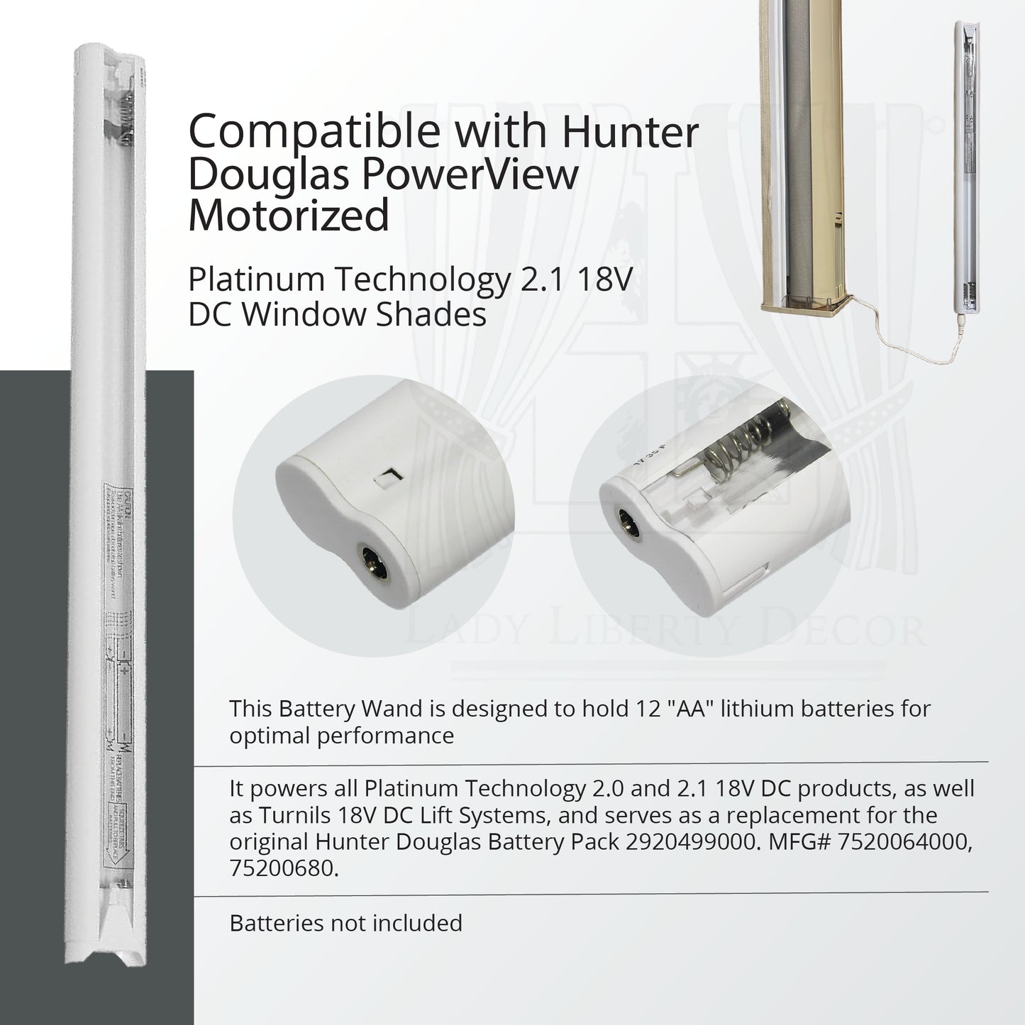 Lady Liberty Decor Battery Wand - Compatible with Hunter Douglas PowerView Motorized Platinum Technology 2.0 2.1 18V DC Window Shades