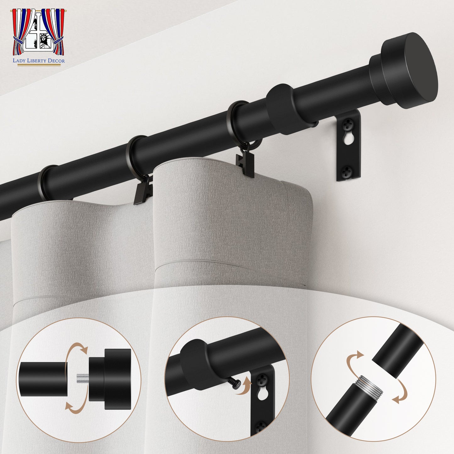 Lady Liberty Decor Adjustable Curtain Rod| Matte Black | Telescopic & Heavy-Duty